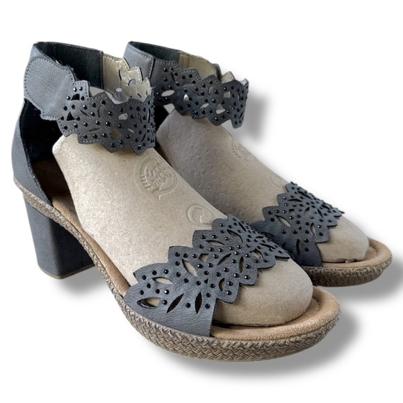 Rieker Shoes - ❤️ Rieker Gray Heeled Sandal Ankle Strap Studded Cut Out Details